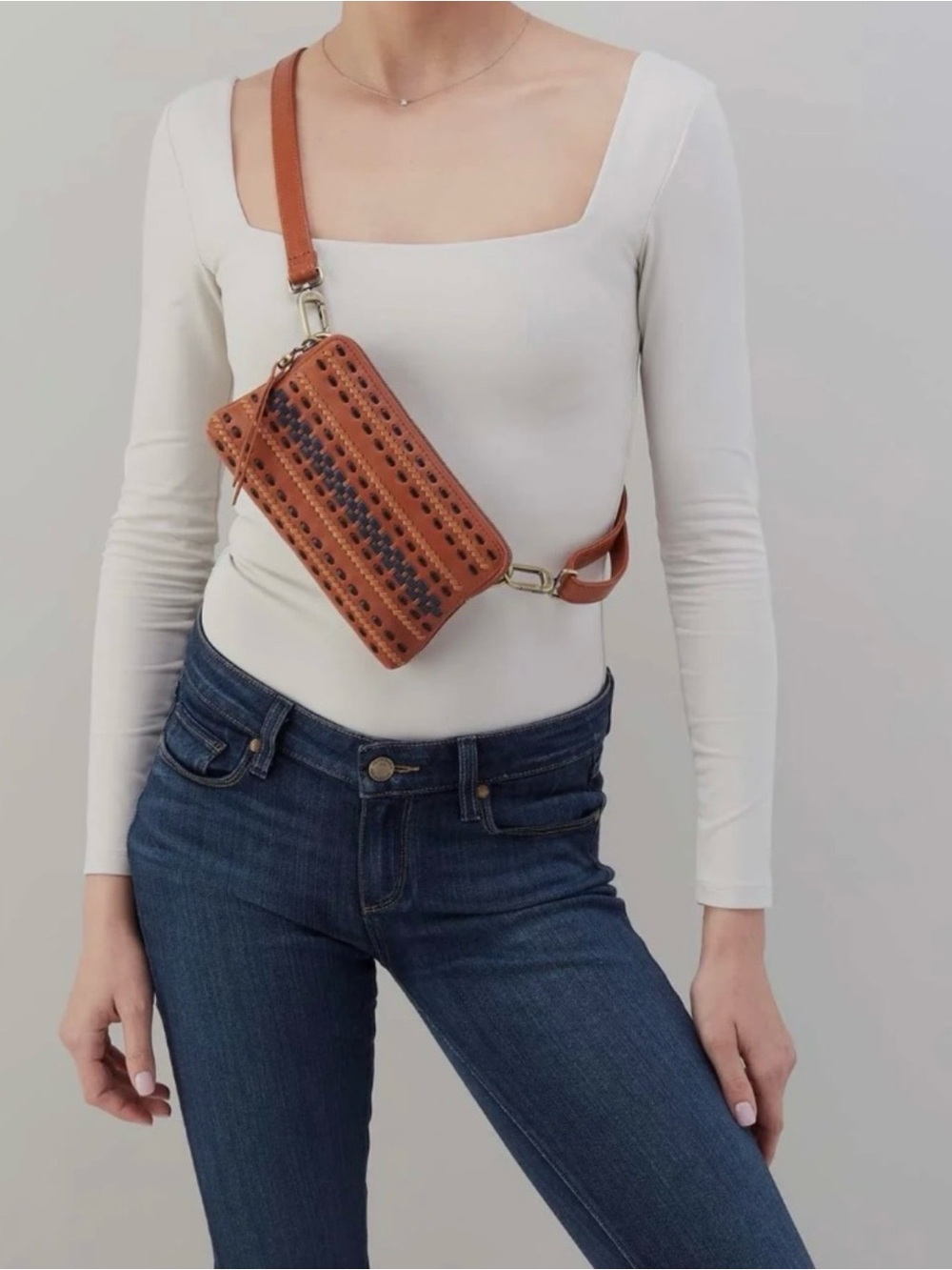 HOBO Woven Leather Crossbody in Cognac